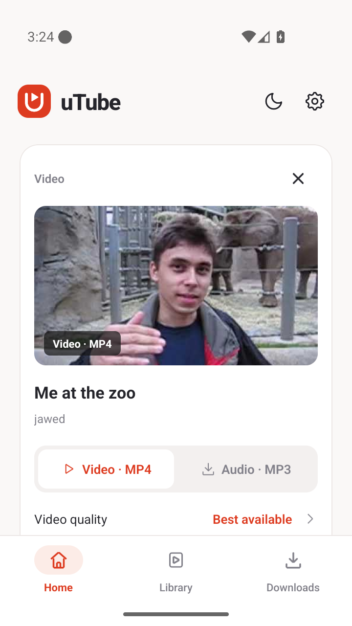 The signed uTube Android app previewing a real video, with format and quality controls